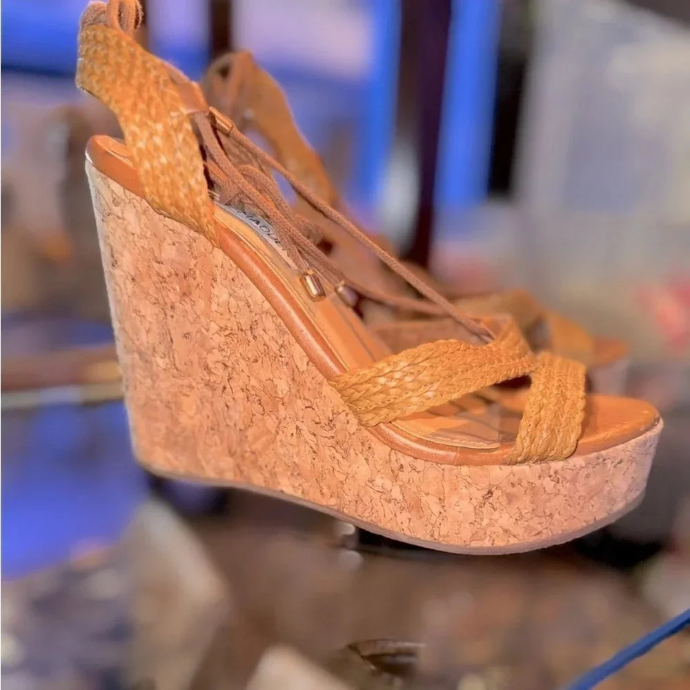 Steve Madden Wynwood brown/tan Raffia Ankle Strap Wedge Sandals 8 - Picture 8 of 8